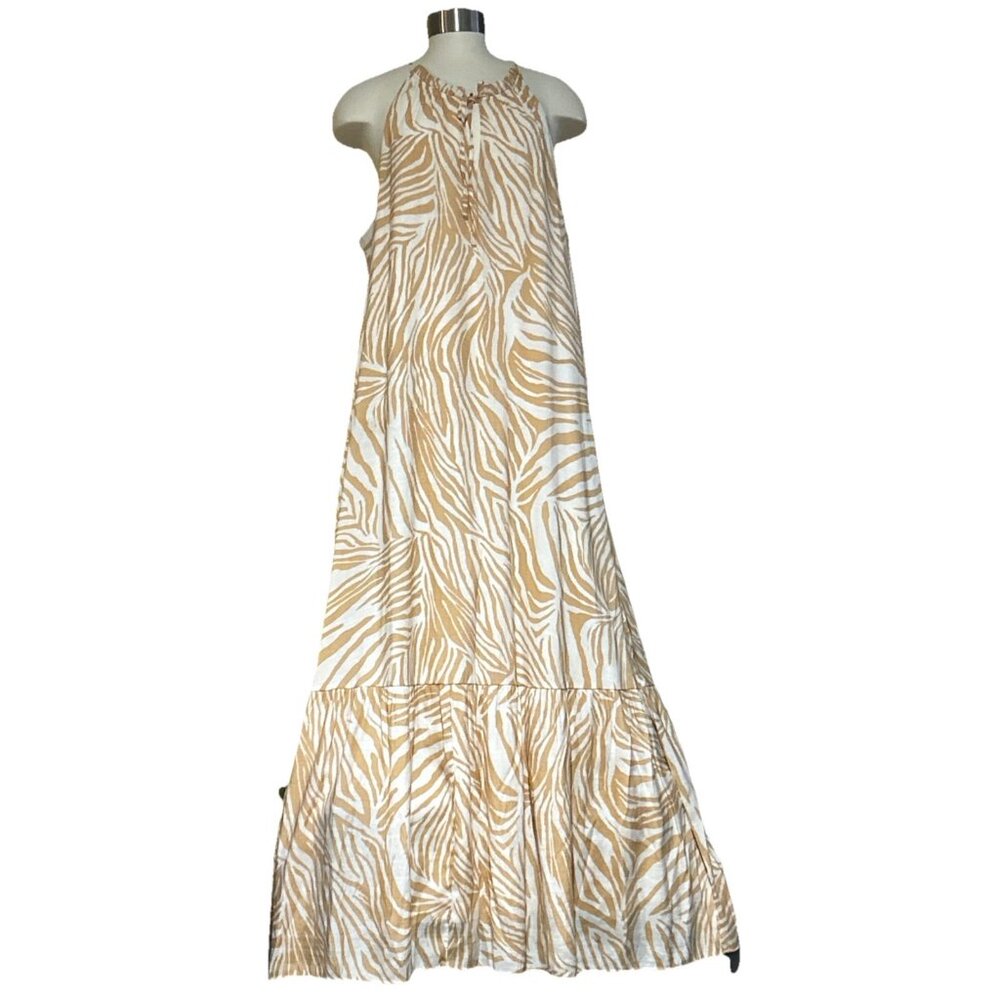 Animal Print Boho Tribal XXL Maxi Dress Flowy Beach Cruise Vacation Tan 9 West - Picture 2 of 15